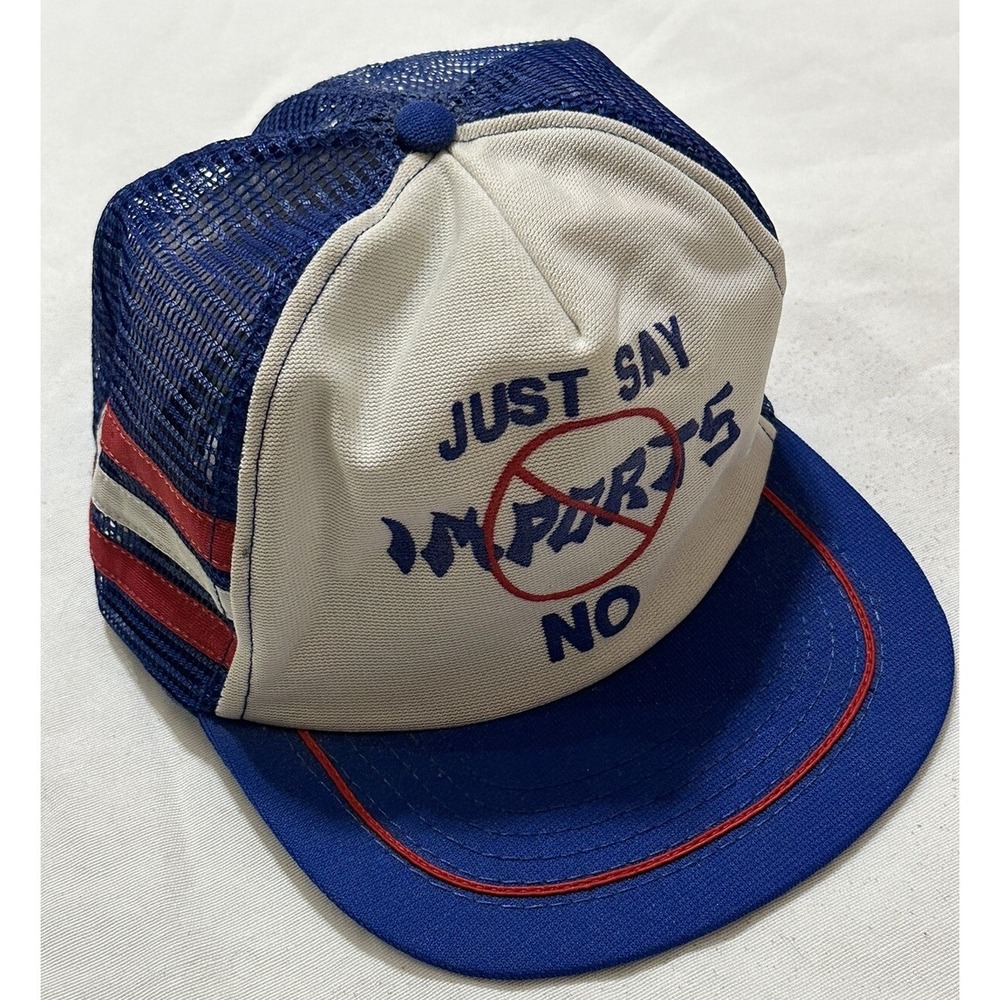 Vintage Just Say NO To Imports 3 Three Stripe Hat Snapback Mesh Trucker Cap